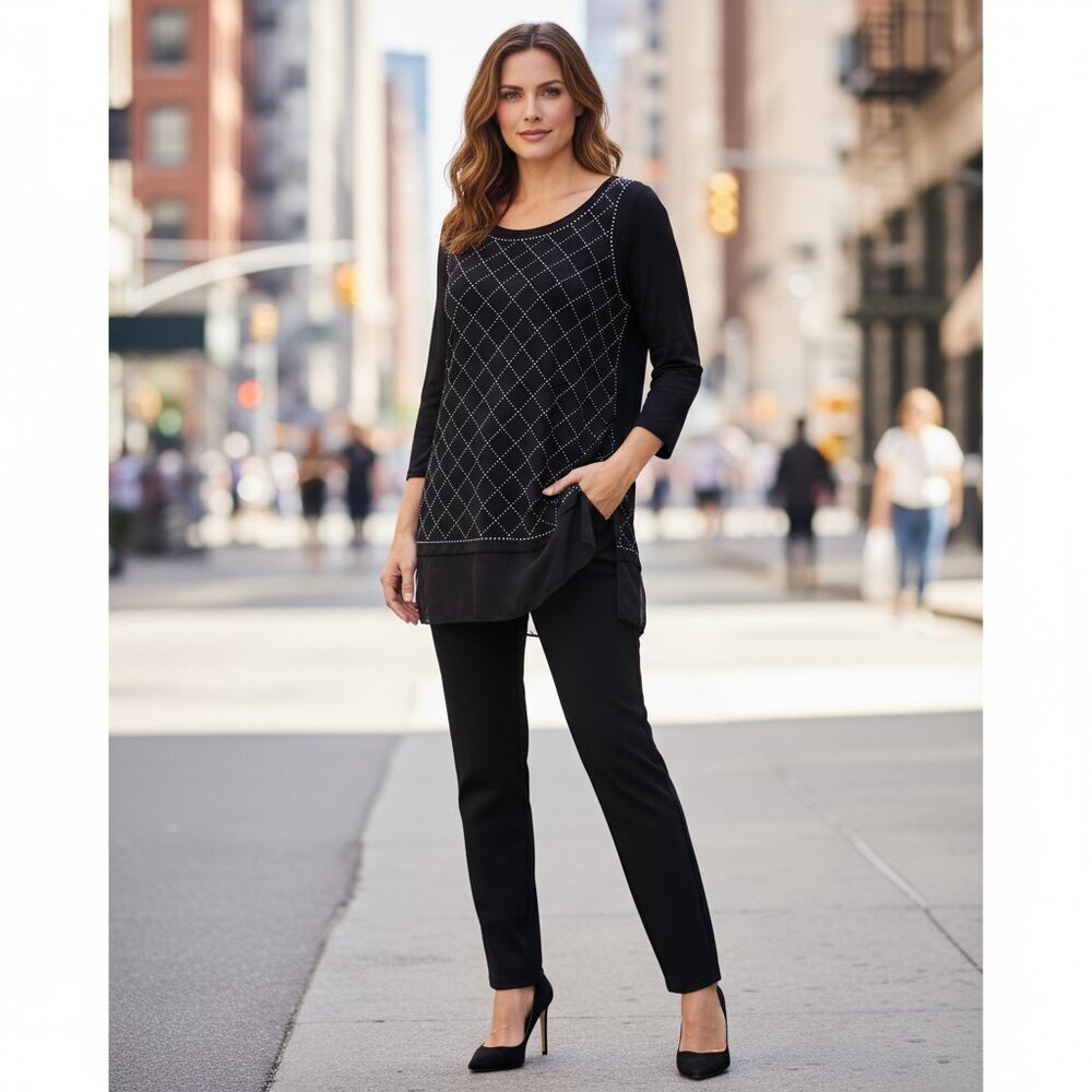 Belldini Black Studded Tunic Top w/ Sheer Raw Edge Hem Sz L #246F